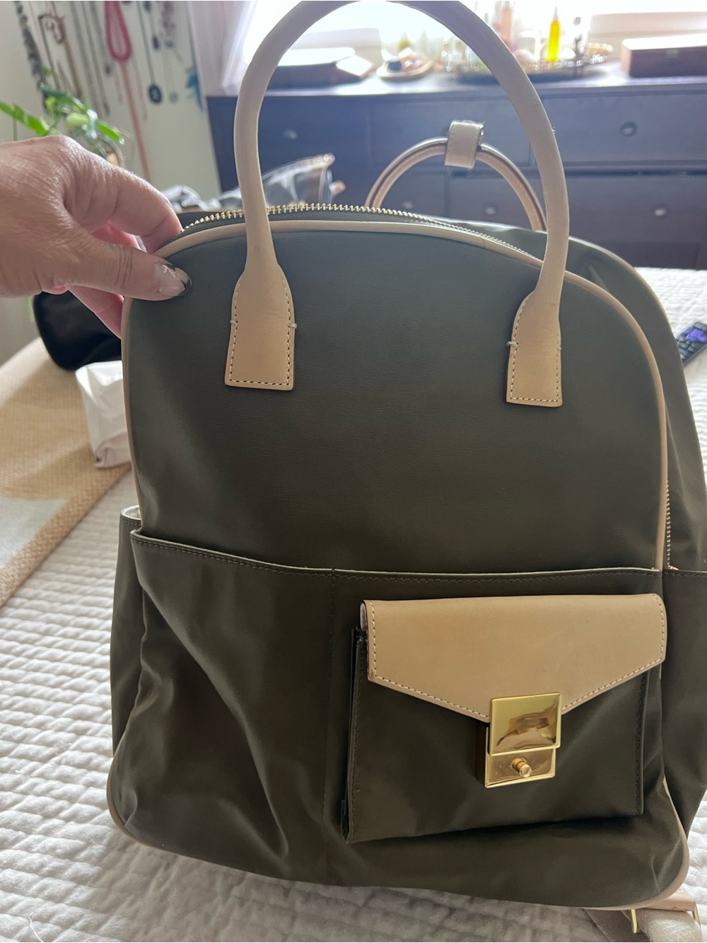India Hicks Olive and Cream Convertible Backpack Tote